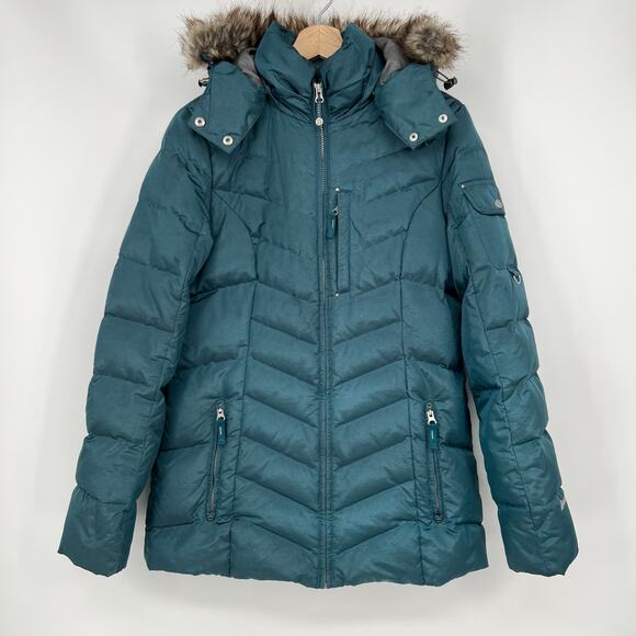 Eddie Bauer Goose Down Parka Puffer Coat Womens Tall Medium Green Hood Faux Fur - Picture 1 of 10